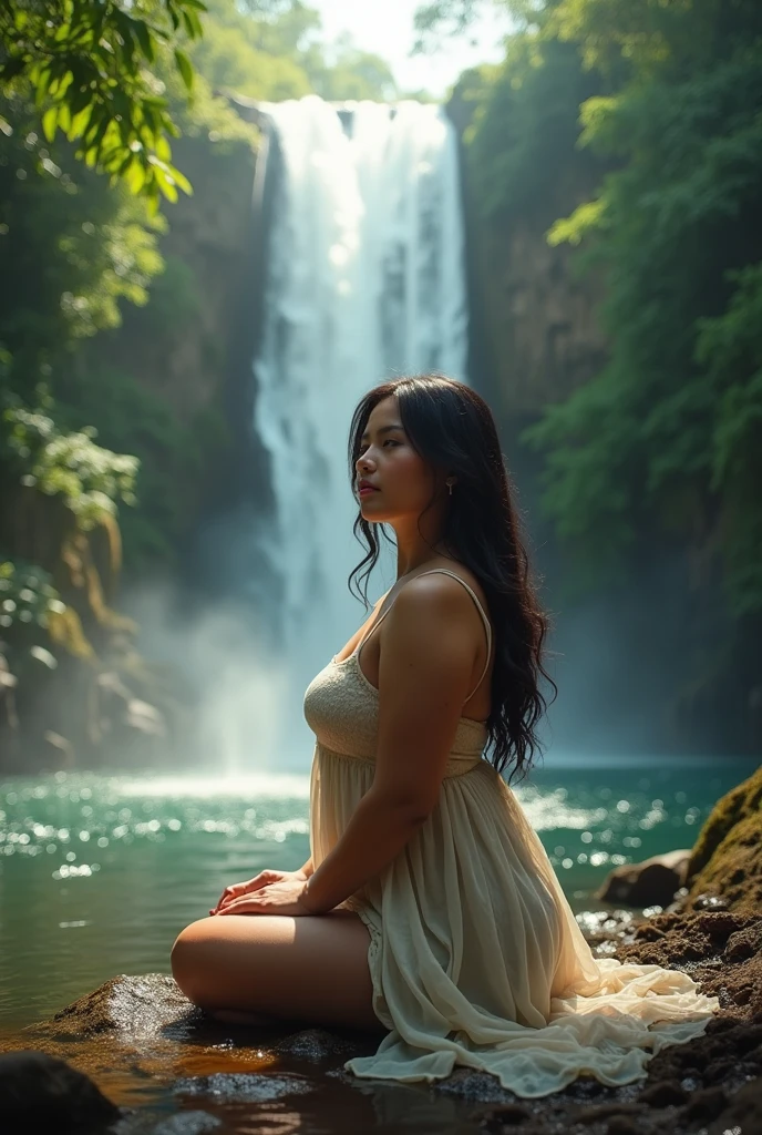 (photorealism:1.2), Beautiful Filipino girl, fat, wearing half body cloth, sitting at the waterfall, calm expression and enjoying the beauty of nature. High waterfall background, green forest, realistic photography