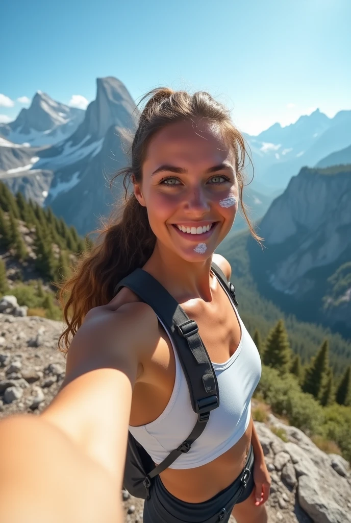 Arafed Femme portant un débardeur blanc et un collier, Fille y aux yeux verts, Portrait Sophie Mudd, cheveux bruns et grands yeux, selfie d'une jeune femme.
Passe une journée d’aventure en montagne. Elle porte un débardeur sportif et un short de randonnée, avec des chaussures robustes adaptées pour explorer. Ses cheveux bruns sont attachés en queue de cheval pour le confort, et elle porte un léger écran solaire sur le visage. En prenant un selfie, elle est perchée sur un promontoire rocheux avec une vue panoramique sur les vallées en contrebas. Le ciel est clair, et les sommets montagneux ajoutent une touche spectaculaire à l’arrière-plan. Son sourire est fier et enthousiaste, montrant la joie de l’aventure en plein air.