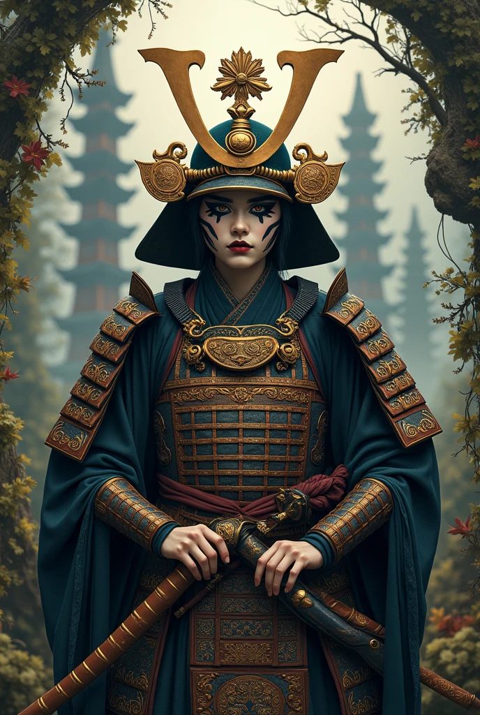 samurai of mascara side or dragao decorator of the priest and branch.