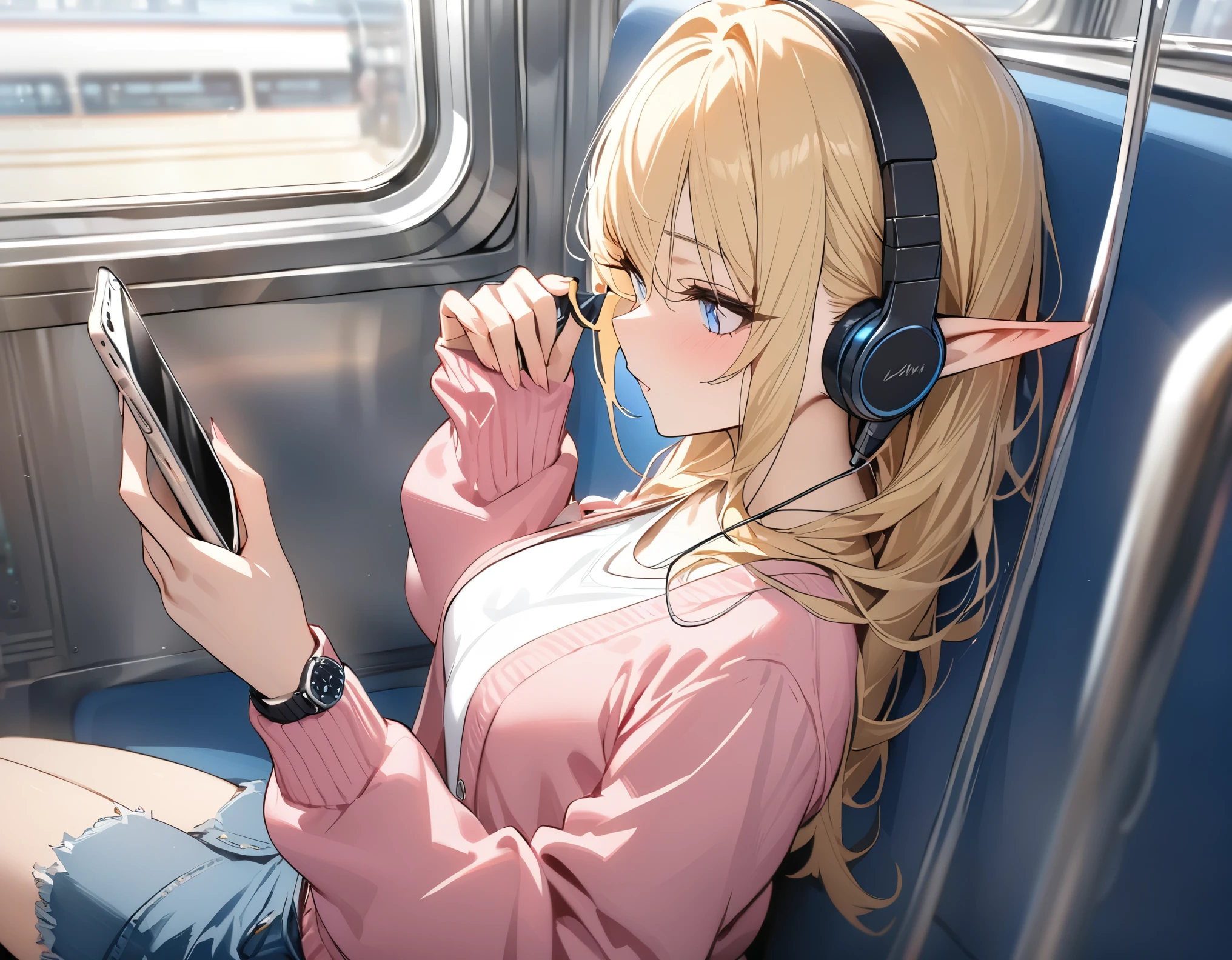 ((highest quality)), ((masterpiece)), (be familiar with), perfect face, elf, pointy ears, blonde hair, Bluetooth earphones, listening to music using earphones, operating a smartphone, White T-shirt, light cardigan, pink cardigan, Denim skirt, On the train, wristwatch