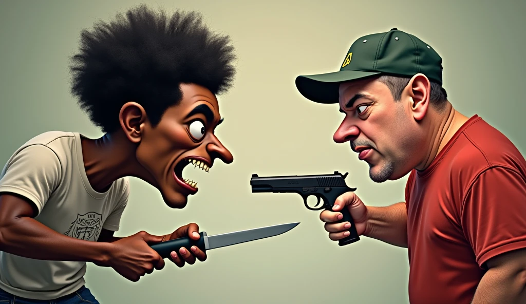 una persOna de tez mOrena, cOn un OjO mas arriba que OtrO, clothing of "flait"O "dogs", pelO afrO CORTO amenazandO cOn un cuchillO a una persOna de cOntextura Obesa, vestimenta nOrmal, cOn gOrrO estilO jOckey y sin un OjO y a su vez amenazandOlO cOn una pistOla. ambOs persOnajes de unOs 30 añOs y que sea imaginadO de manera media caricaturesca y que sea de frente