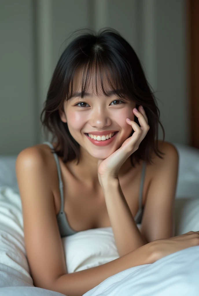 masterpiece, Highest quality, photograph, 20 years old living in Japan、Lying in bed, front, They flash a provocative smile at the viewer., Full body portrait, Baby Face, Bold Pose,Lift your legs、kiss、I can see the side,Medium Hair,((Straight Hair,Keep your bangs straight down)),(Thin face,Small jaw,Wide forehead,The space between the eyes is narrow)
