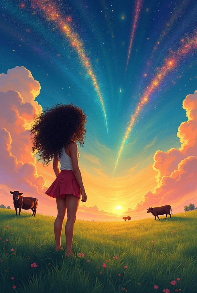 A Brazilian woman standing in a pasture, standing backwards, curly hair, watching the cattle graze in the distance. It's a sunny day, is venting. The sky is magical with comets passing by, alaranjado, purple and blue. illustration, brush strokes, acrylic paint, Studio Ghibli