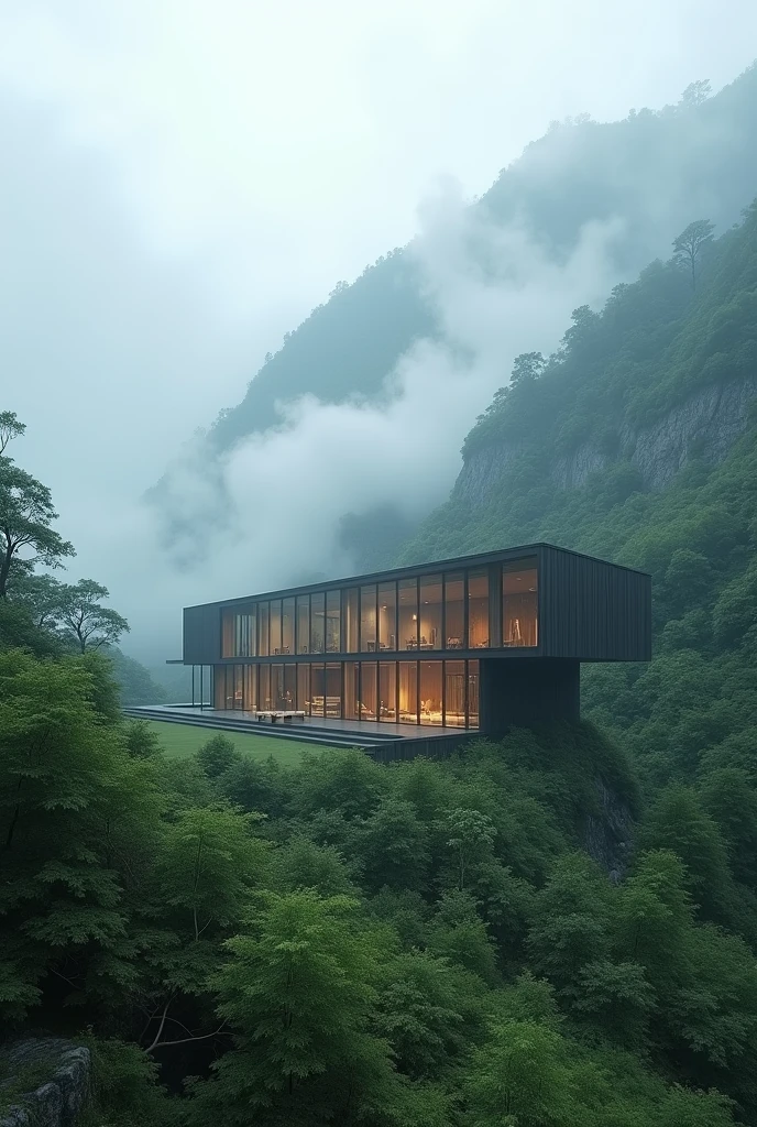 A big glassy house ona greenery mountain valley with fog and clouds and smoke with sparkle