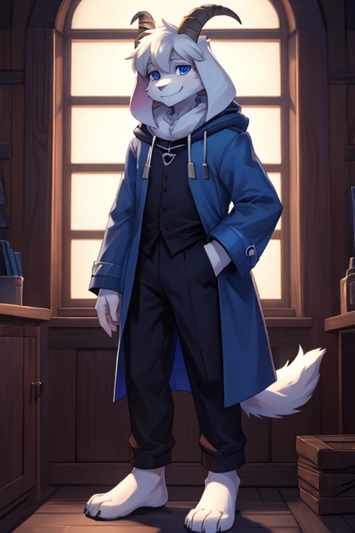 one man, alone, Asriel, Undertale, Asriel Dreemurr, smiling, blue eskimo coat, blue coat, tall, furry, Anthro, blue eyes, black blouse, black pants, goat's paw, paw with metacarpal, goat's tail, tail short, small, bushy tail, hair, hair and bangs on the right side, barefoot.