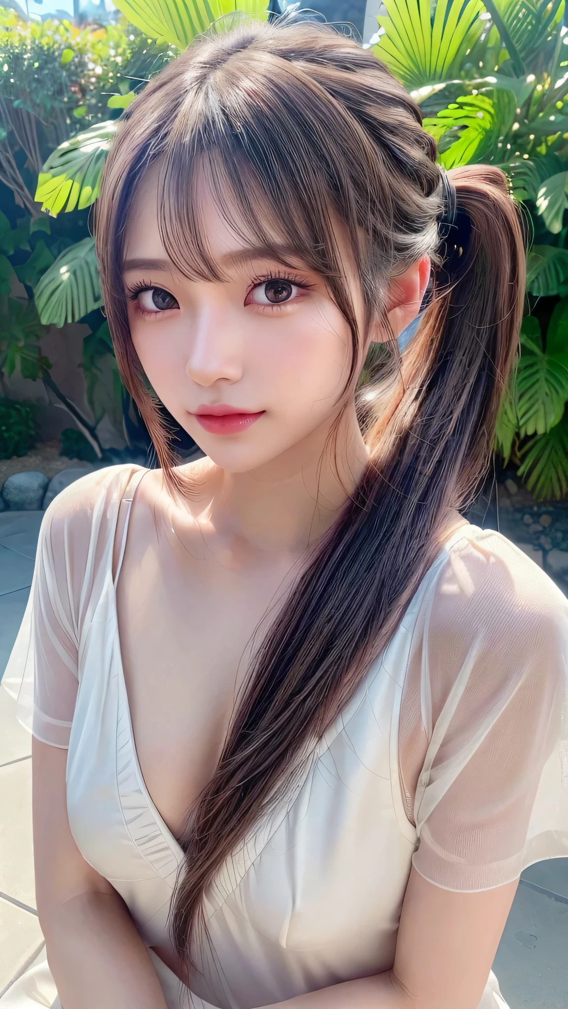 body shot,Outdoor,Black micro bikini,resort Beach,Ultra-detailed, finely detail, hight resolution, 8K Wallpaper, Perfect dynamic composition, Beautiful detailed eyes,,Close-up of face,,Blushing,Facing forward,Long hair ponytail,((8k, Raw photo, Best Quality, Mastepiece:1.2), (Realism, Photorealistic:1.4), (Highly detailed 8K wallpapers), Depth of written boundary, Cinematic Lighting, Soft Light, Detailed Beauty Eye,Shiny and smooth light brown ponytail, Asymmetrical bangs, Shiny skin, Ultra-detailed skins ,It is high resolution., High detail, Detailed hairstyle, Detailed facial beauty, Hyper-realistic, Perfect limbs, Perfect Anatomy ,Of Japanese,Famous Japanese Idols, Perfect female body,A shy smile,Short eyelashes,Double-edged eyelids,Look straight here,Hair style: ponytail,