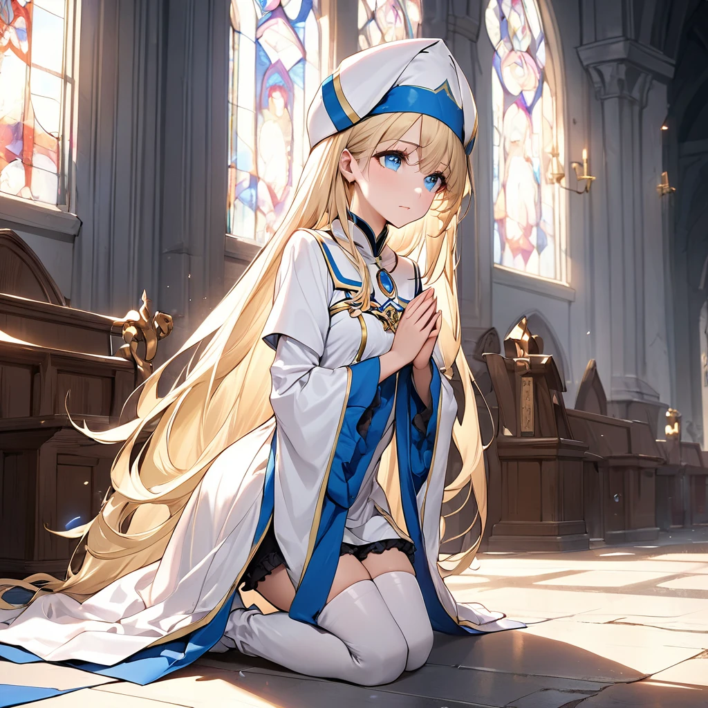 Priestess, 1 girl, 独奏, Blonde, Long Hair, blue eyes, White Dress, white hat, White thigh-high boots, Black frilly shorts、Inside an empty church、Kneel and fold your hands in prayer、Small Breasts、Baby Face Break Masterpiece、Beautiful attention to detail:1.2, Perfect lighting, (perfect hand, perfect anatomy), Precise depiction、Vibrant colors 