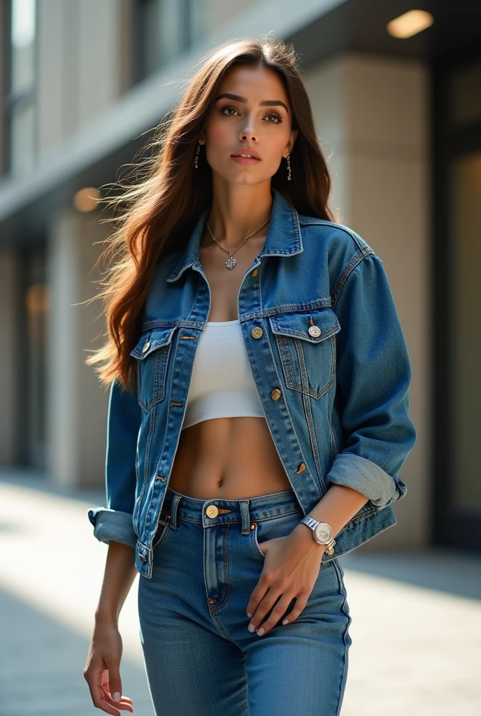 lady in jeans and denim jacket and make logo for "Sri Shyam Fashion India Pvt Ltd"