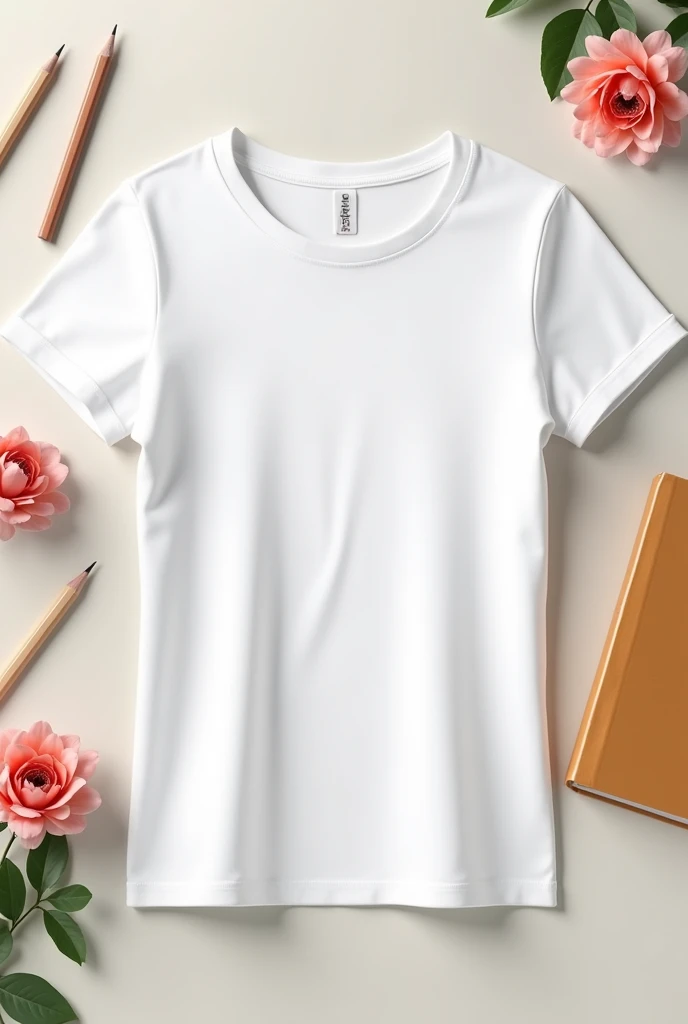 women's cotton round neck white shirt mockup, books, pencils and flowers, T-shirt design template, t shirt printing presentation mockup.