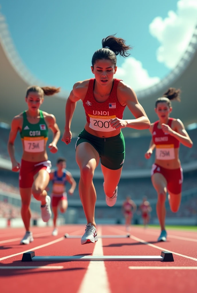 Male and female athletes of different nationalities in Olympic clothing facing a high hurdle