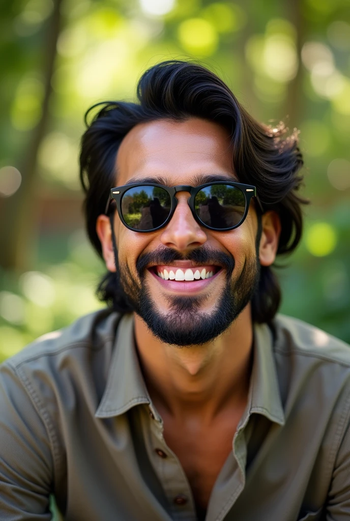 a man in his thirties. man has short beard. mid hair. smiling. background is nature. man has a sunglasses. and his hair is black