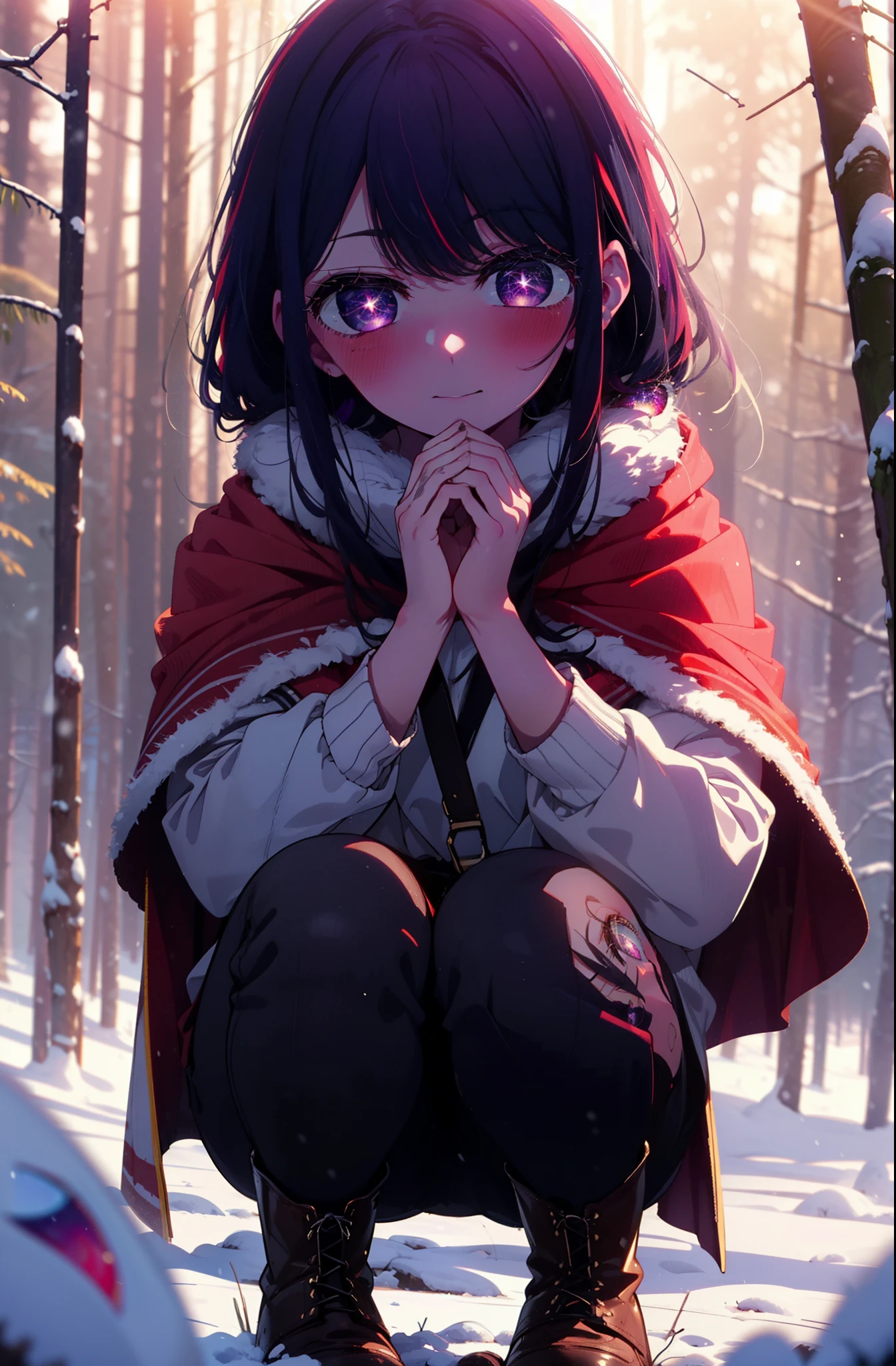 aihoshino, Ai Hoshino, Long Hair, bangs, (Purple eyes:1.1), Purple Hair, (Symbol-shaped pupil:1.5), smile,,smile,blush,white breath,
Open your mouth,snow,Ground bonfire, Outdoor, boots, snowing, From the side, wood, suitcase, Cape, Blurred, , forest, White handbag, nature,  Squat, Mouth closed, Cape, winter, Written boundary depth, Black shoes, red Cape break looking at viewer, Upper Body, whole body, break Outdoor, forest, nature, break (masterpiece:1.2), Highest quality, High resolution, unity 8k wallpaper, (shape:0.8), (Beautiful and beautiful eyes:1.6), Highly detailed face, Perfect lighting, Highly detailed CG, (Perfect hands, Perfect Anatomy),