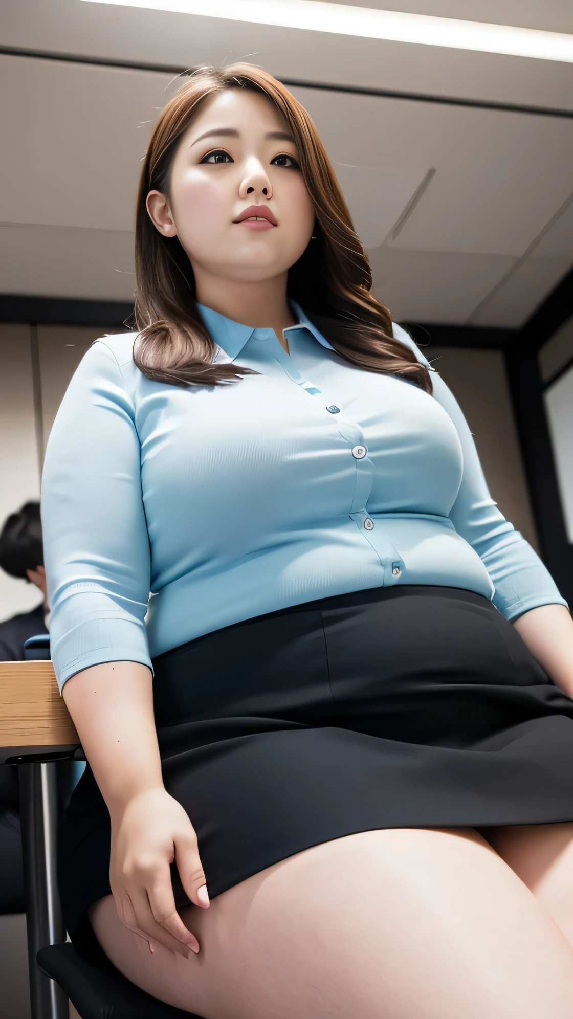 ((8k)), Highest quality, 超High resolution, (High resolution), ((Chubby woman)), Japanese, Double chin, Overweight, Very fat, ((Chubby)), office, Sit in your seat, suit, mini tight skirt, (from below:1.3), (looking down, watching at Viewer:1.3)