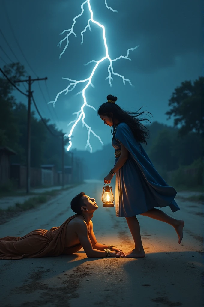 Upagupta ,the young disciple of Buddha wearing sage clothes, is lying on the side of dusty road of Mathura without any pillow or any other amenities in 3rd Century BC at a stormy night and a young woman is tripping over the sleeping Upagupta. Her one leg struck his chest and other leg is in air because she was about to fall.She is dressed in blue mantle and is having young body and wearing anklets and has a old kerosene lamp in her hand.They both are alone and a lightning is struck at that time.She sees him sleeping on the road and sees his face through the lamp.