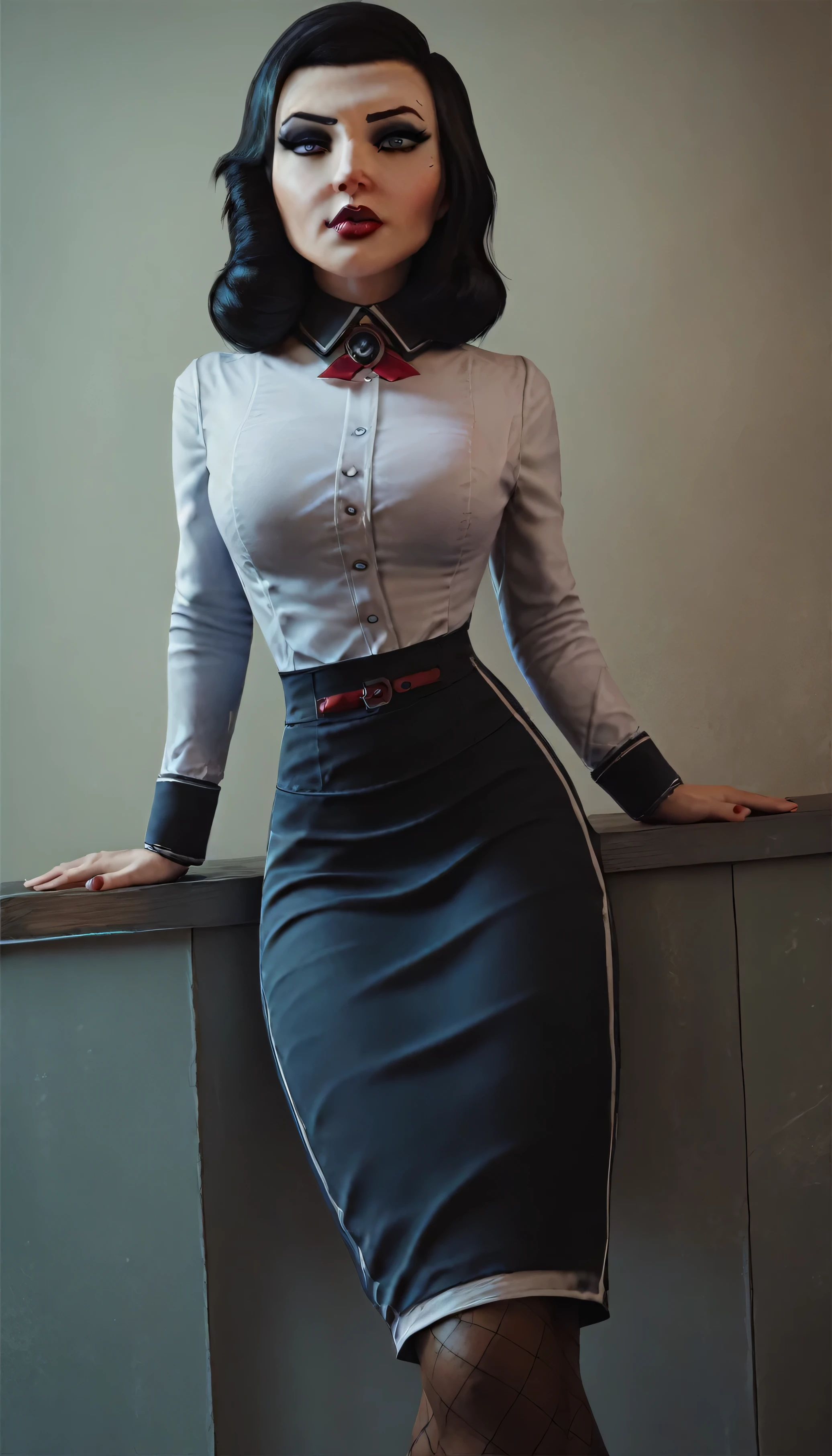 3l1z4b3th_bas, black hair, blue eyes, white shirt, pencil skirt, red lipstick, makeup, pantyhose