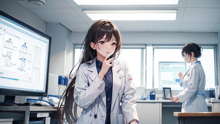 A female doctor in a white coat、Please draw an illustration of a doctor examining a patient in a hospital examination room.。The female doctor is explaining things to the patient kindly.、In the background, a desk with medical equipment and charts is depicted.。