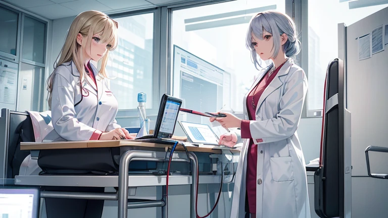 A female doctor in a white coat、Please draw an illustration of a doctor examining a patient in a hospital examination room.。The female doctor is explaining things to the patient kindly.、In the background, a desk with medical equipment and charts is depicted.。