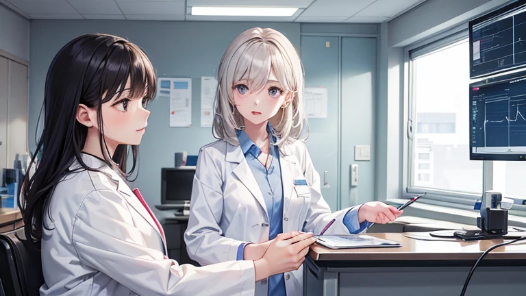 A female doctor in a white coat、Please draw an illustration of a doctor examining a patient in a hospital examination room.。The female doctor is explaining things to the patient kindly.、In the background, a desk with medical equipment and charts is depicted.。