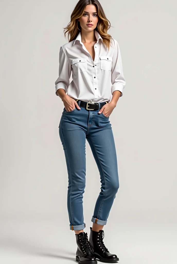 I want it with the white shirt tucked into the pants, with jeans that fit your body well, with black combat boots, low top and no heel
