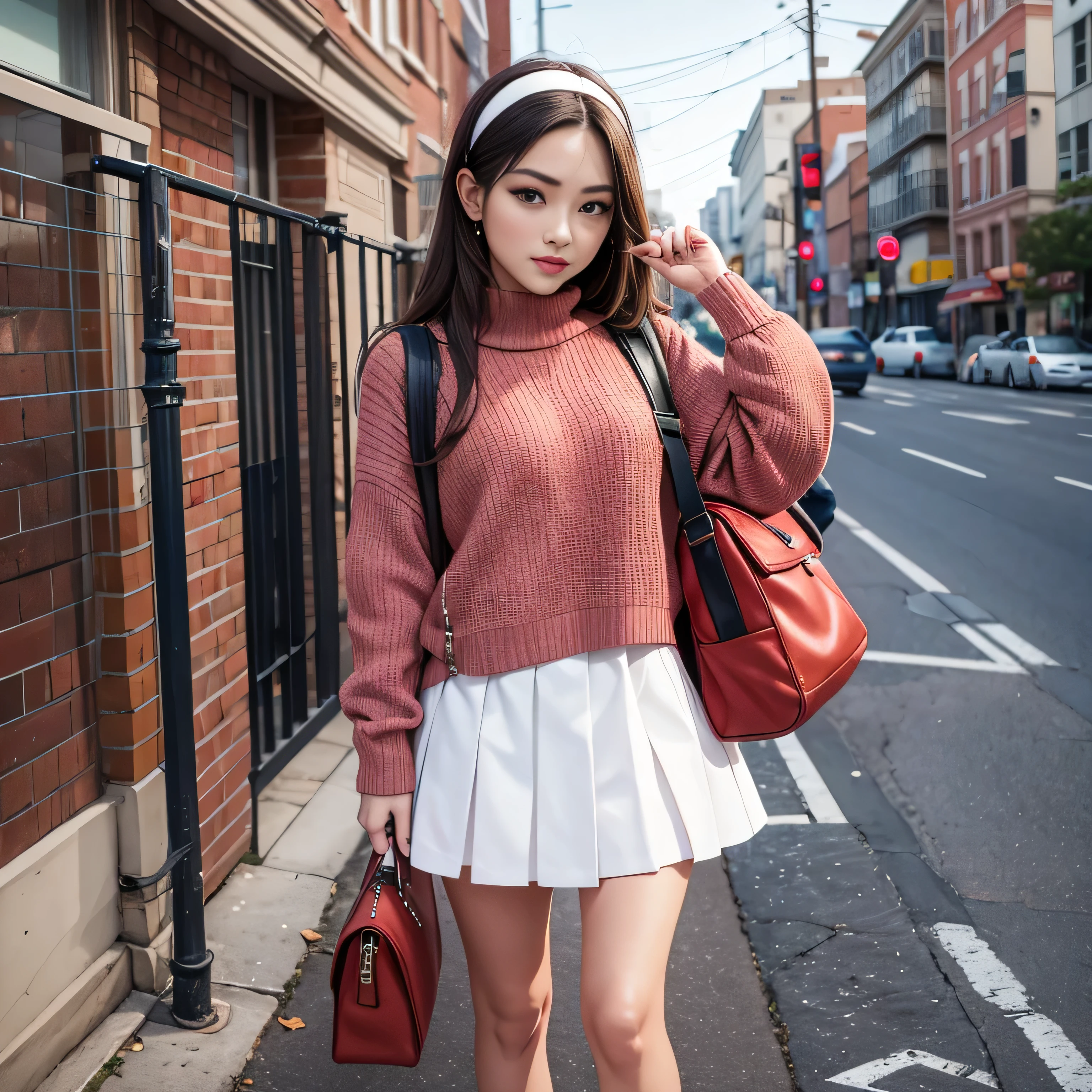 masterpiece, best quality, genny, hairband, red sweater, frilly white skirt, sneakers, standing, looking at viewer