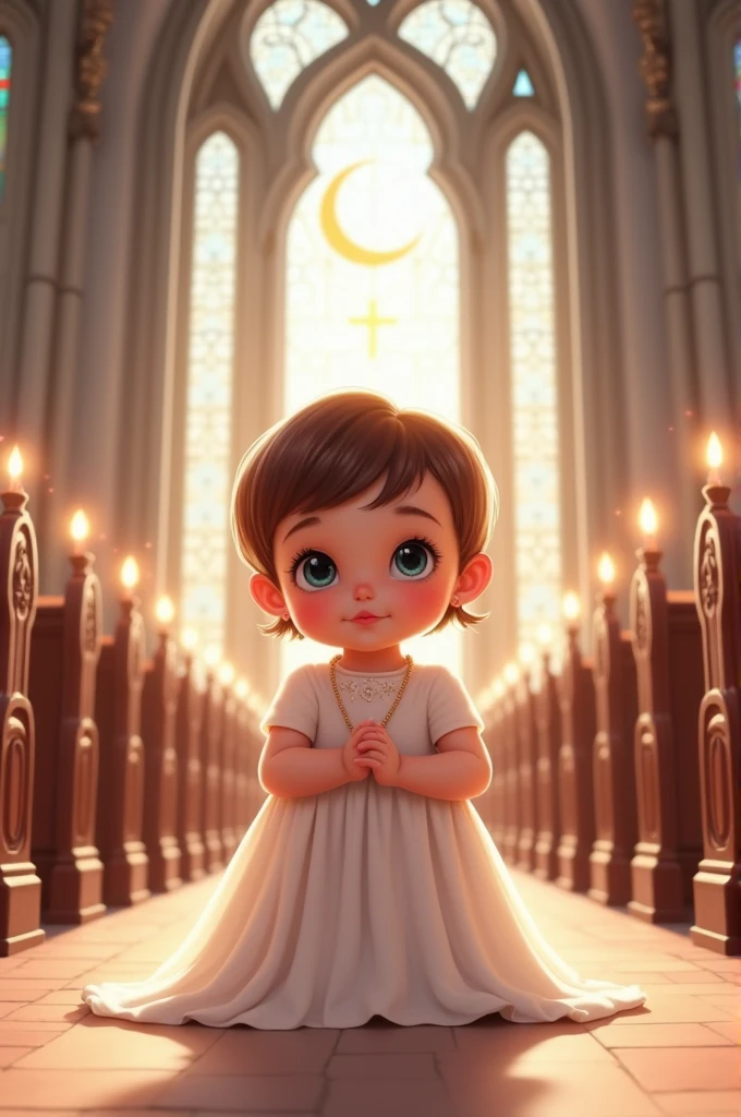 cree moi une image dans un arriere plan d'une magnifique église pour un baptème , avec un Bébé fille de 1an ,des joues goufflues , cheveux court brune, les yeux bleu/gris , ajoute une lune , dans les tons rose coordonnées