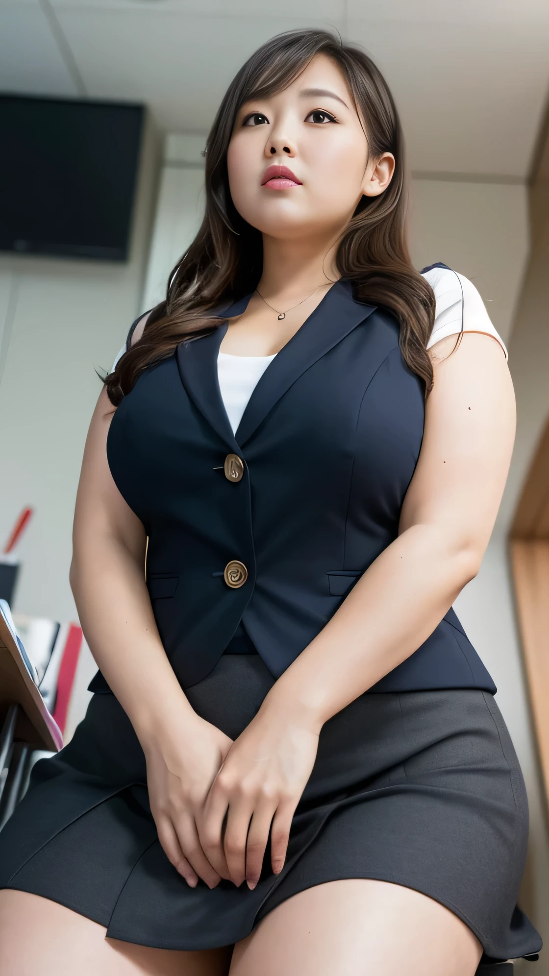 ((8k)), Highest quality, 超High resolution, (High resolution), ((Chubby woman)), Japanese, Double chin, Overweight, Very fat, ((Chubby)), office, Sit in your seat, suit, mini tight skirt, (from below:1.3), (looking down, watching at Viewer:1.3)