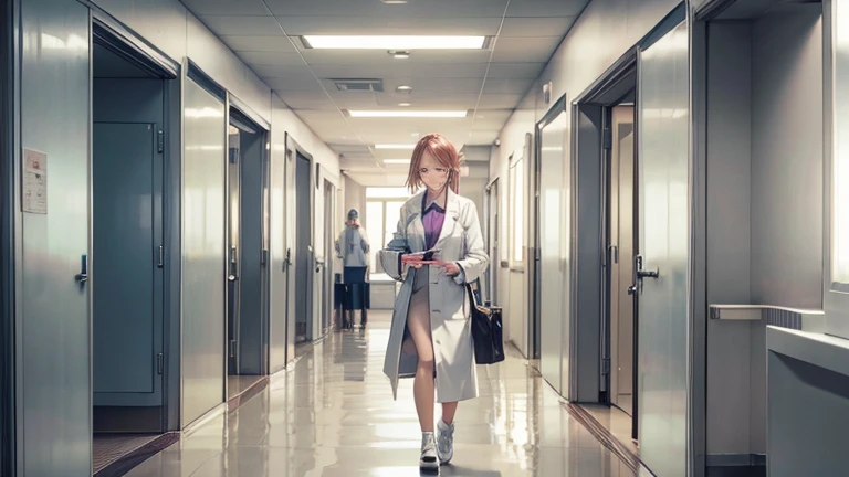 In the hospital corridor、Please draw an illustration of a female doctor in a white coat walking while checking a medical record.。The female doctor has a serious expression、On my way to my next appointment。In the background you can see hospital room doors and hospital equipment.。