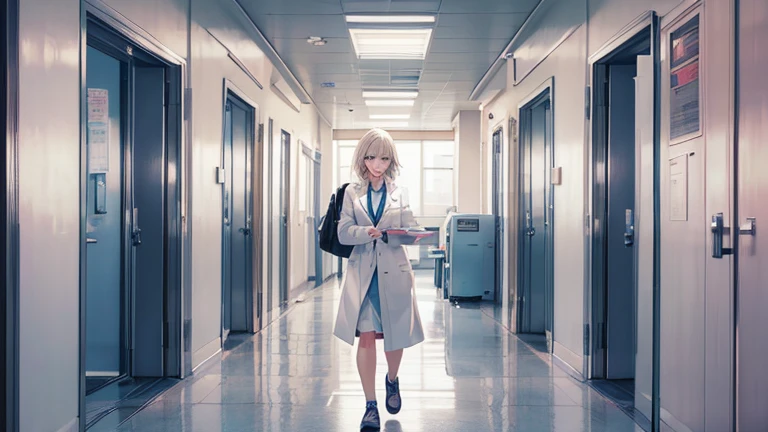 In the hospital corridor、Please draw an illustration of a female doctor in a white coat walking while checking a medical record.。The female doctor has a serious expression、On my way to my next appointment。In the background you can see hospital room doors and hospital equipment.。