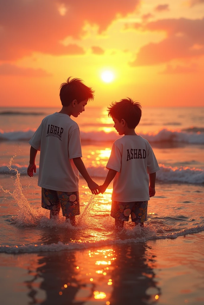 A 14 year boy with his elder brother playin at the beautiful sun set seacoast write name Azhar and Ashad on their dress