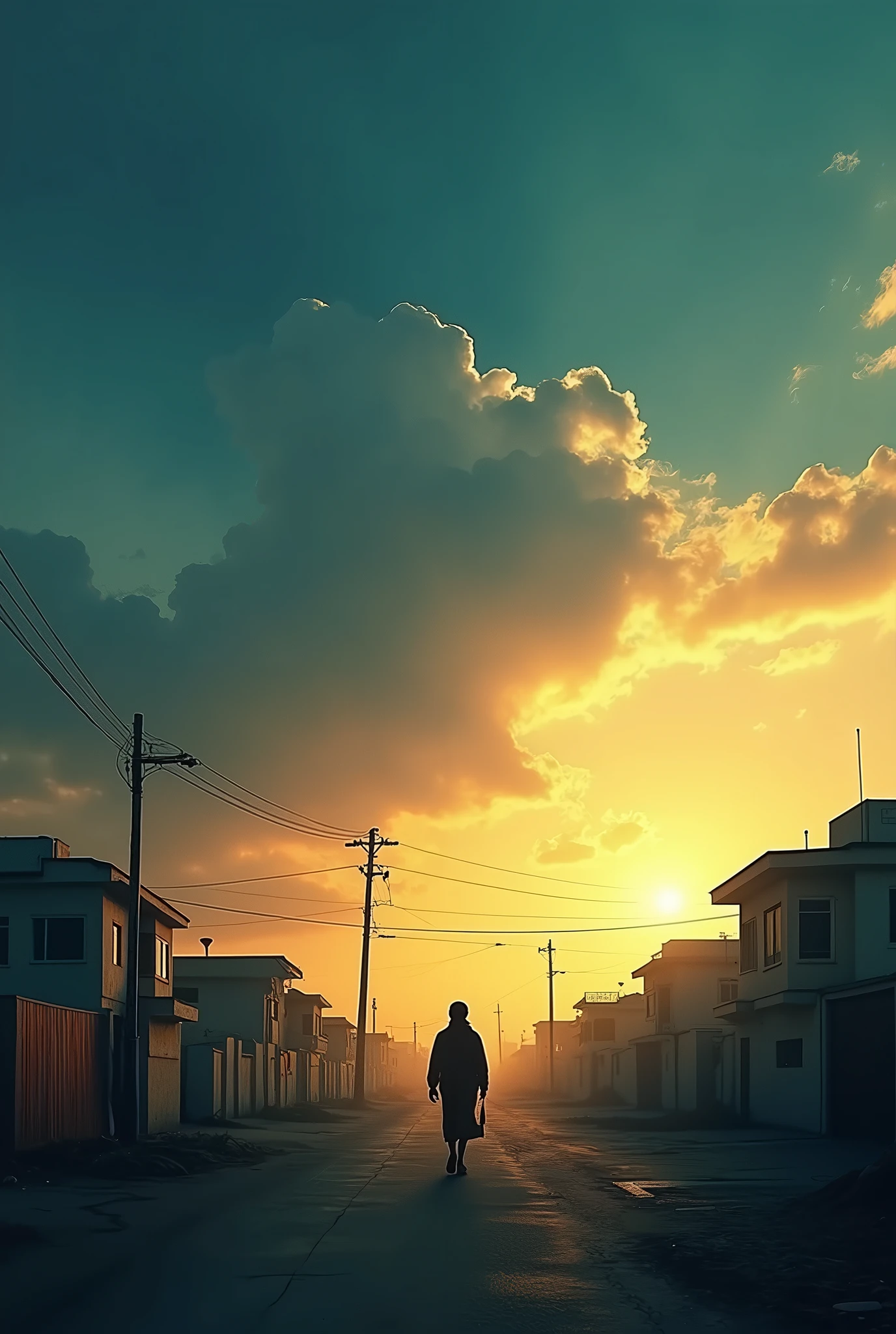 Cinematic Poster Background, drama series, dramatic sky, estate background, urban, sunset, blue, yellow split tone, Nigeria, Kano