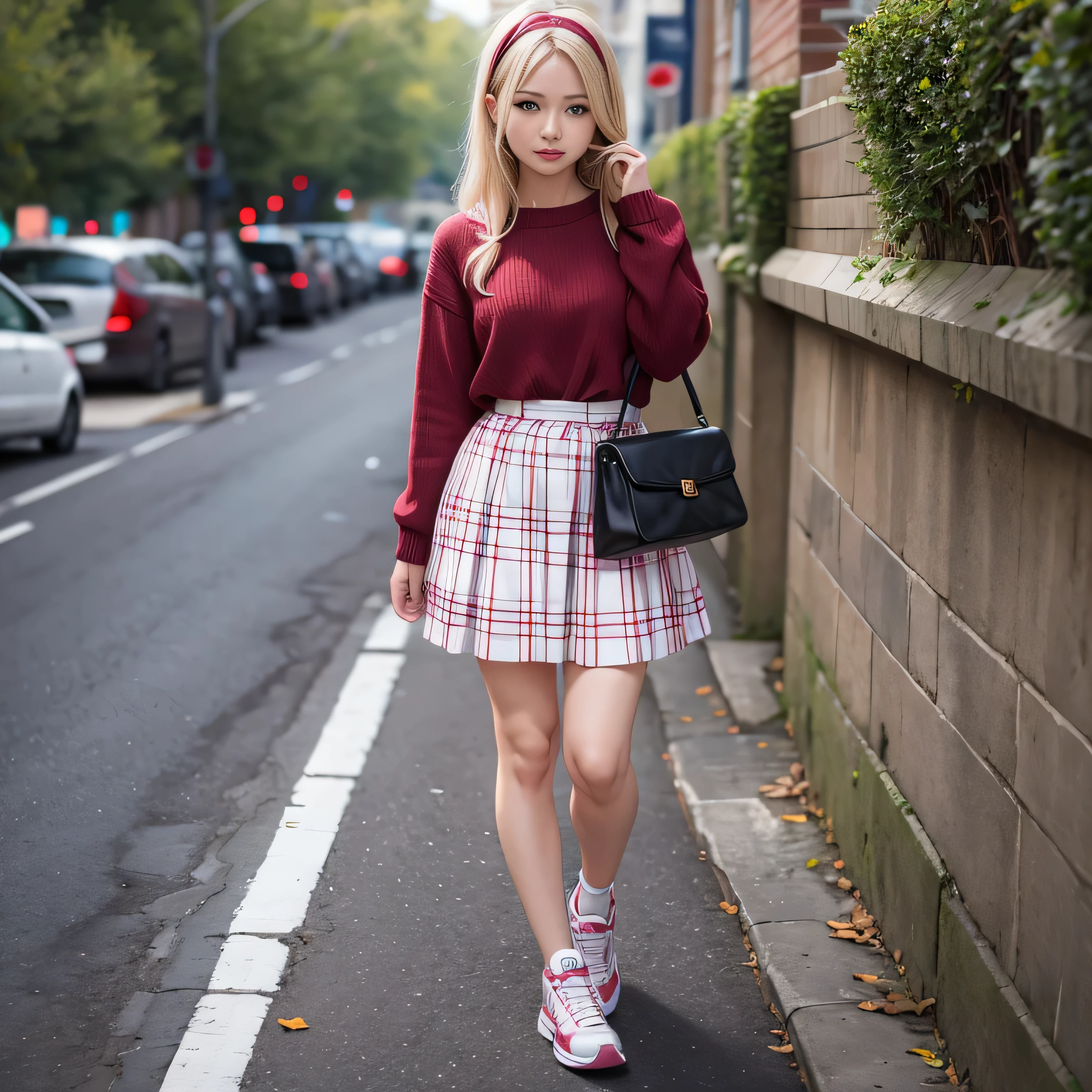 masterpiece, best quality, genny, hairband, red sweater, frilly white skirt, sneakers, standing, looking at viewer