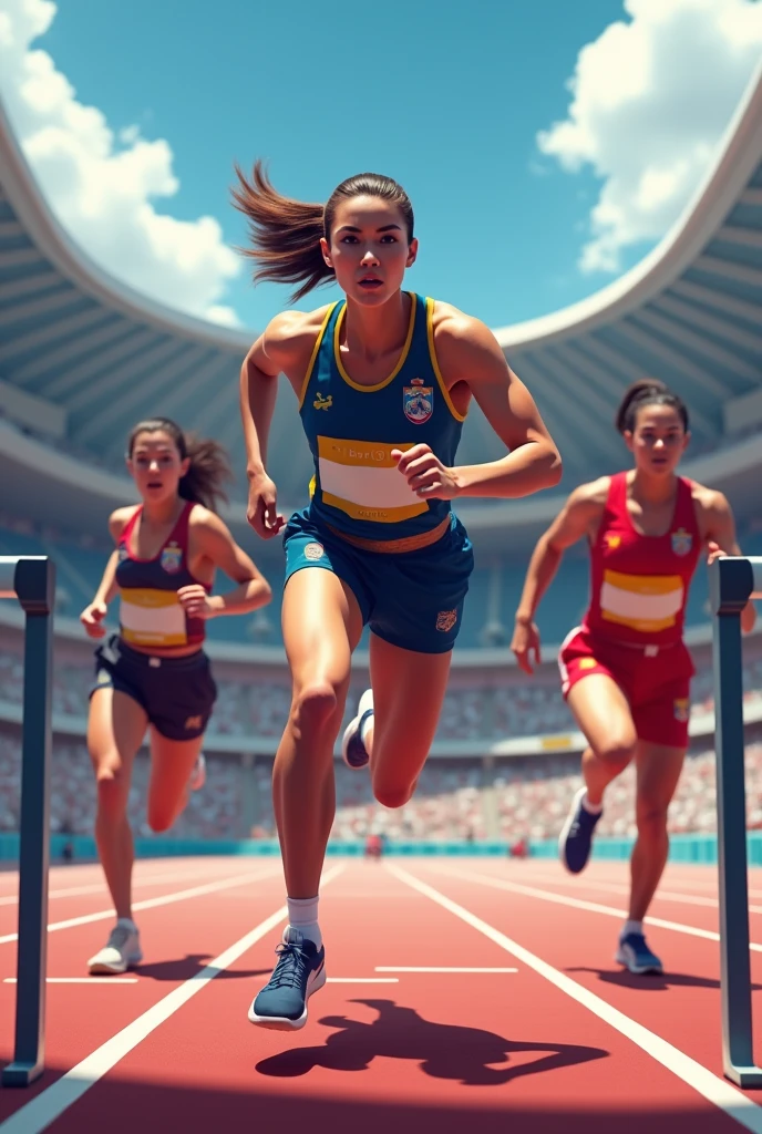 Male and female athletes of different nationalities in Olympic clothing facing a high hurdle