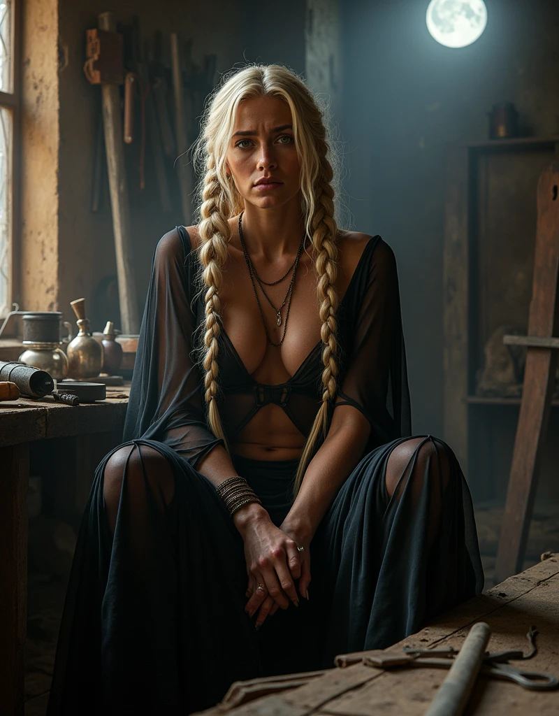 score_9, score_8_up, score_7_up, score_6_up, photorealistic, woman, amazon, blonde, long thick braid, muscular body, transparent black silk cape, sitting medieval workshop, tired look, , looking at viewer, night, moonlight