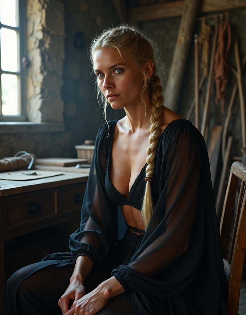 score_9, score_8_up, score_7_up, score_6_up, photorealistic, woman, amazon, blonde, long thick braid, muscular body, transparent black silk cape, sitting medieval workshop, tired look, , looking at viewer, night, moonlight