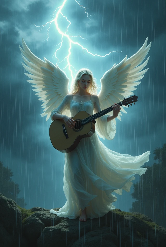 Angel playing guitar in the middle of a thunderstorm