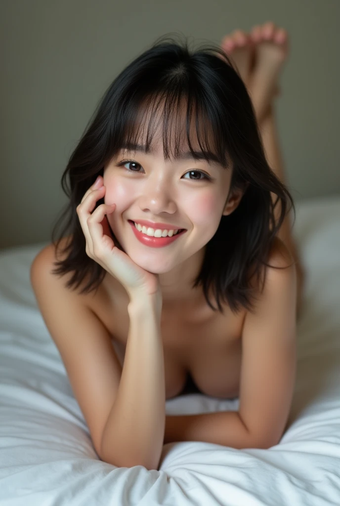 masterpiece, Highest quality, photograph, 20 years old living in Japan、Lying in bed, front, They flash a provocative smile at the viewer., Full body portrait, Baby Face, Bold Pose,Lift your legs、kiss、I can see the side,Medium Hair,((Straight Hair,Keep your bangs straight down)),(Thin face,Small jaw,Wide forehead,The space between the eyes is narrow)