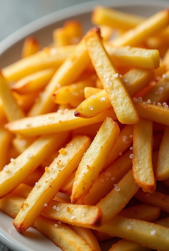 A high-resolution image of a plate full of crispy french fries, Golden french fries, Glittering salt crystals on the surface, It captures the mouthwatering appeal of this classic potato dish..