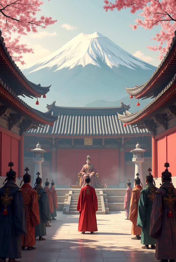/imagine prompt:A hyper realistic, hyper detailed digital art of a scene at a grand wooden Japanese palace courtyard, a Chinese ambassador from the Three Kingdoms era in ornate silk robes faces a Yamato leader dressed in elaborate traditional garments. Cherry blossoms frame the scene, with Mount Fuji visible in the misty background. The Yamato ruler sits on an elevated platform, while the ambassador stands respectfully before him. Samurai guards in armor flank the area, and court nobles in colorful kimonos observe from the sides. A mix of Chinese and Japanese architectural elements surrounds them, with curved roof tiles, paper screens, and stone lanterns. Incense smoke drifts through the air, adding to the atmosphere of ceremony and cultural exchange. The painting style should feature soft, warm lighting, rich colors, and fine details in the clothing and architecture, capturing the tension and curiosity of this historic diplomatic encounter. 
