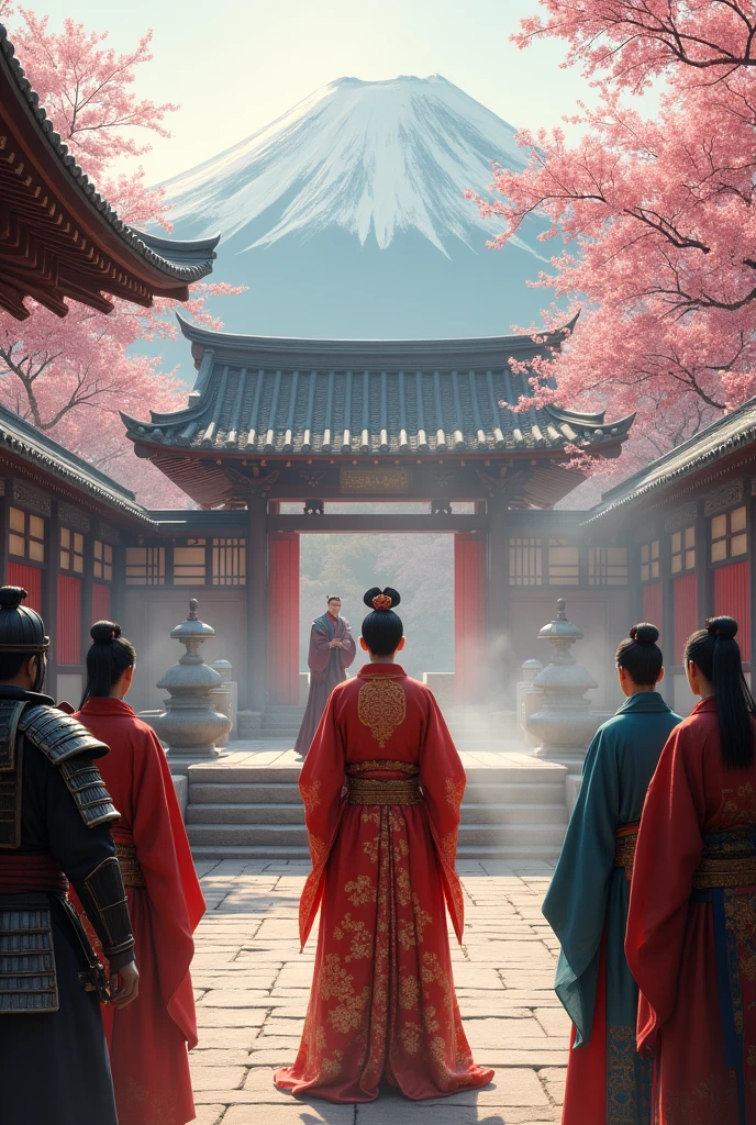 /imagine prompt:A hyper realistic, hyper detailed digital art of a scene at a grand wooden Japanese palace courtyard, a Chinese ambassador from the Three Kingdoms era in ornate silk robes faces a Yamato leader dressed in elaborate traditional garments. Cherry blossoms frame the scene, with Mount Fuji visible in the misty background. The Yamato ruler sits on an elevated platform, while the ambassador stands respectfully before him. Samurai guards in armor flank the area, and court nobles in colorful kimonos observe from the sides. A mix of Chinese and Japanese architectural elements surrounds them, with curved roof tiles, paper screens, and stone lanterns. Incense smoke drifts through the air, adding to the atmosphere of ceremony and cultural exchange. The painting style should feature soft, warm lighting, rich colors, and fine details in the clothing and architecture, capturing the tension and curiosity of this historic diplomatic encounter.