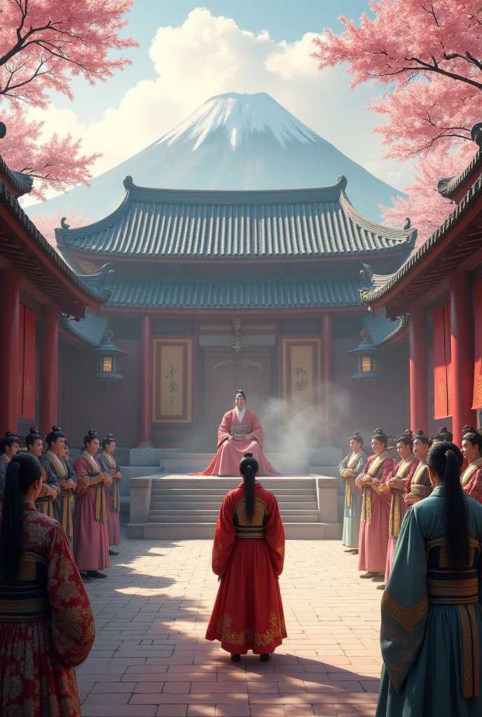 /imagine prompt:A hyper realistic, hyper detailed digital art of a scene at a grand wooden Japanese palace courtyard, a Chinese ambassador from the Three Kingdoms era in ornate silk robes faces a Yamato leader dressed in elaborate traditional garments. Cherry blossoms frame the scene, with Mount Fuji visible in the misty background. The Yamato ruler sits on an elevated platform, while the ambassador stands respectfully before him. Samurai guards in armor flank the area, and court nobles in colorful kimonos observe from the sides. A mix of Chinese and Japanese architectural elements surrounds them, with curved roof tiles, paper screens, and stone lanterns. Incense smoke drifts through the air, adding to the atmosphere of ceremony and cultural exchange. The painting style should feature soft, warm lighting, rich colors, and fine details in the clothing and architecture, capturing the tension and curiosity of this historic diplomatic encounter. 