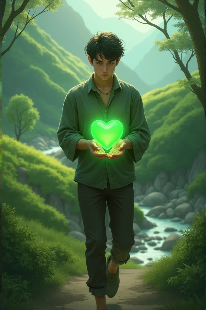 A young man walking and holding a green heart in his hands