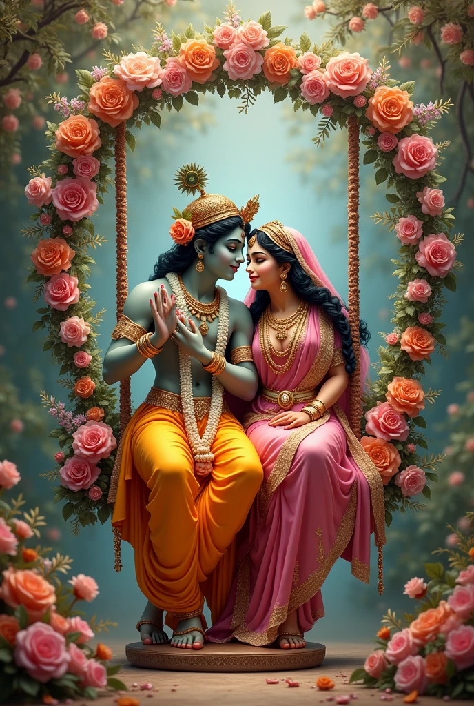 The scene you’re referring to involves the divine couple, Sri Sri Radha and Krishna, engaging in a beautiful and symbolic pastimes known as "prema lilas" or love pastimes. In this depiction, Radha and Krishna are seated on a swing made of flowers, a setting that emphasizes their divine love and beauty. 

The swing is elaborately adorned with fragrant flowers, representing the delicate and enchanting nature of their divine love. As they gently sway, their pastimes or lilas manifest, showcasing their deep and transcendent affection for each other. This imagery not only highlights their romantic interactions but also symbolizes the spiritual bliss and divine love that permeates their relationship.

This scene is often used to convey the depth and purity of their love, which is central to the devotional practices and theological understanding within certain schools of Hinduism, particularly in the Gaudiya Vaishnavism tradition.