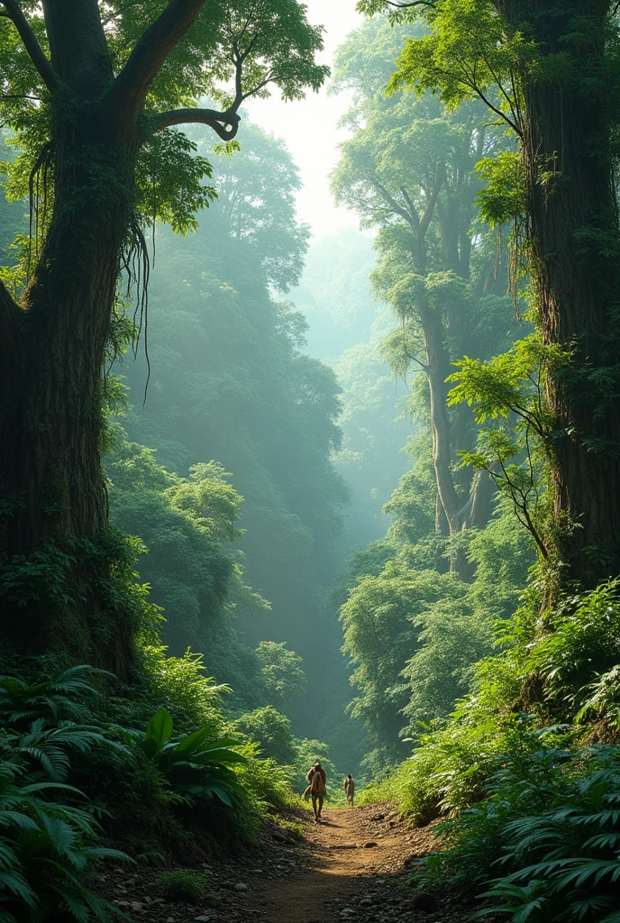 A pan shot of the Congo Forest would beautifully capture the dense and diverse tropical rainforest, showcasing its vast greenery, towering trees, and the rich ecosystem that thrives within it. The shot might include glimpses of wildlife such as colorful birds, monkeys, and perhaps the rare okapi, as well as the intricate web of plant life, from the forest floor to the canopy.