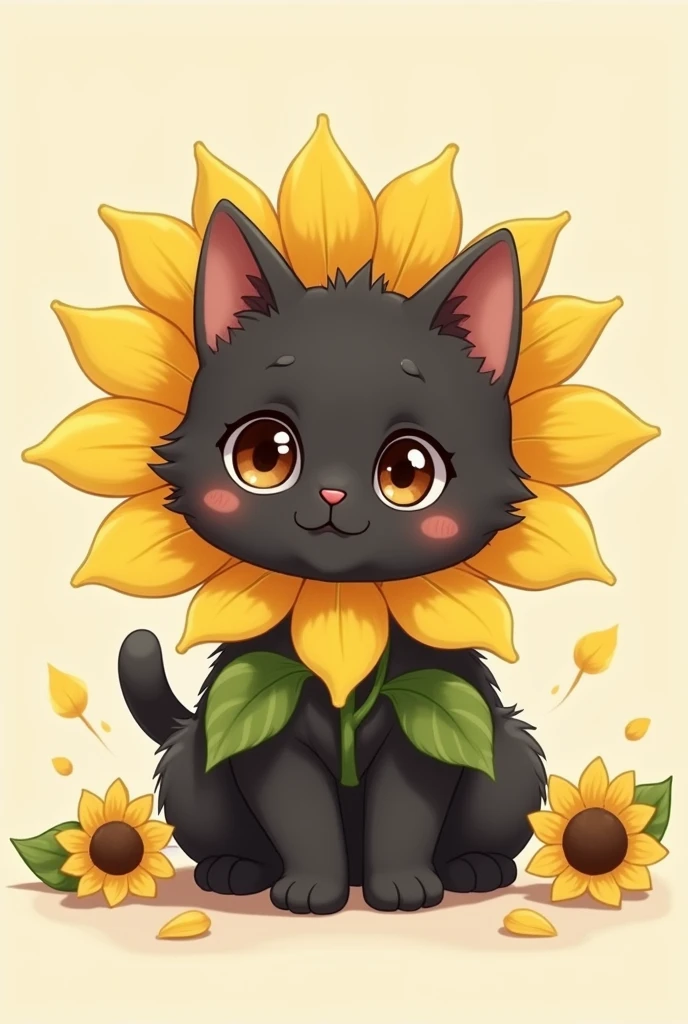 British Shorthair，Anime Touch，Baby Cat，Black cat，Wearing a sunflower costume。