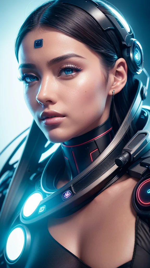 a detailed portrait of an artificial intelligence explorer, beautiful detailed eyes, beautiful detailed lips, extremely detailed eyes and face, long eyelashes, intricate mechanical details, futuristic cyberpunk style, glowing neon lights, dynamic motion blur, (best quality,4k,8k,highres,masterpiece:1.2),ultra-detailed,(realistic,photorealistic,photo-realistic:1.37),cinematic lighting,dramatic shadows,vibrant colors,digital art,concept art, logo design