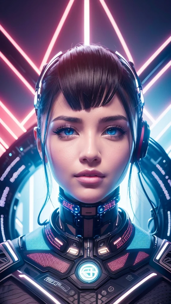 a detailed portrait of an artificial intelligence explorer, beautiful detailed eyes, beautiful detailed lips, extremely detailed eyes and face, long eyelashes, intricate mechanical details, futuristic cyberpunk style, glowing neon lights, dynamic motion blur, (best quality,4k,8k,highres,masterpiece:1.2),ultra-detailed,(realistic,photorealistic,photo-realistic:1.37),cinematic lighting,dramatic shadows,vibrant colors,digital art,concept art, logo design