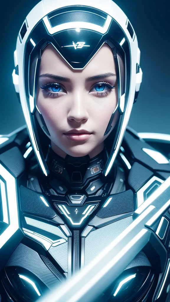 a detailed portrait of an artificial intelligence explorer, beautiful detailed eyes, beautiful detailed lips, extremely detailed eyes and face, long eyelashes, intricate mechanical details, futuristic cyberpunk style, glowing neon lights, dynamic motion blur, (best quality,4k,8k,highres,masterpiece:1.2),ultra-detailed,(realistic,photorealistic,photo-realistic:1.37),cinematic lighting,dramatic shadows,vibrant colors,digital art,concept art, logo design