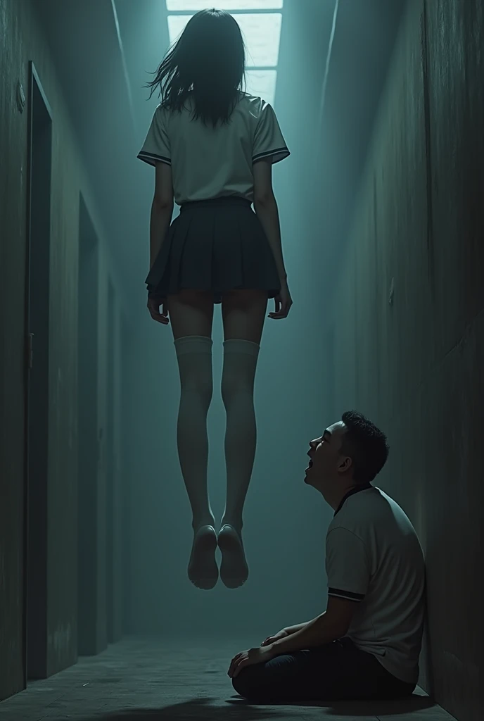 Scene of female student wearing white thigh high socks hanging to death ,hovering in the air , a man sitting on the ground in panic with a chair on the ground 