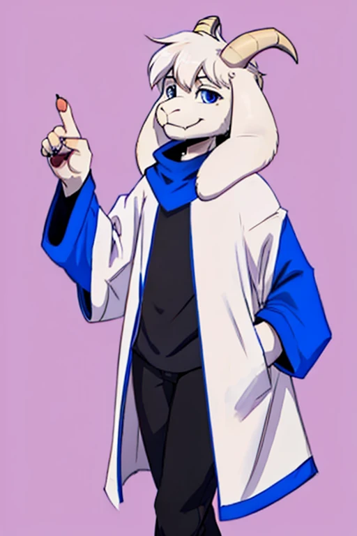 one man, alone, Asriel, Undertale, Asriel Dreemurr, smiling, blue eskimo coat, blue coat, tall, furry, Anthro, blue eyes, black blouse, black pants, goat's paw, paw with metacarpal, goat's tail, tail short, small, bushy tail, hair, hair and bangs on the right side, barefoot.