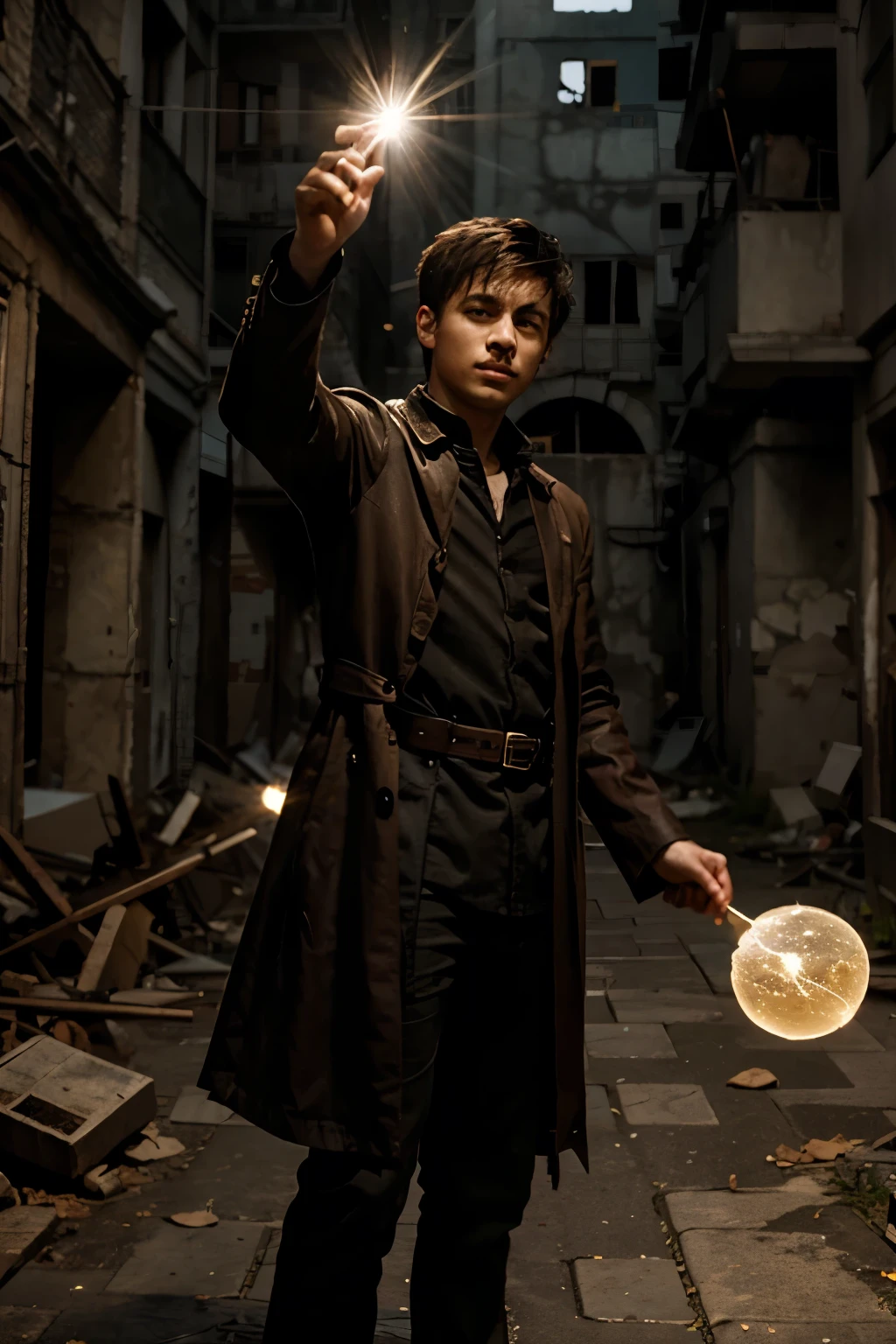 Young wizard with a ball of light in his hand, floating and shining, in ruins